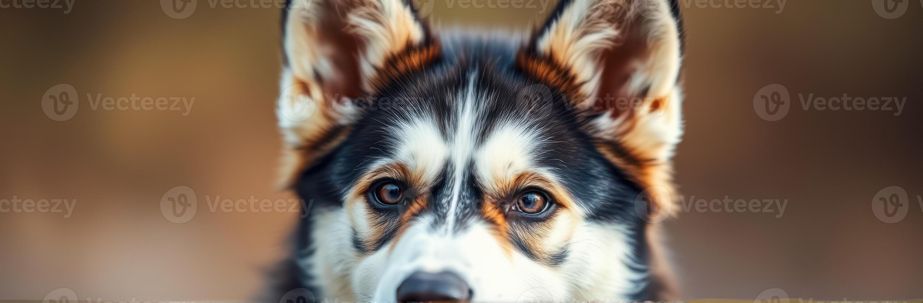 Dog with expressive eyes gazes into the distance in a soft-focused background during a calm afternoon photo