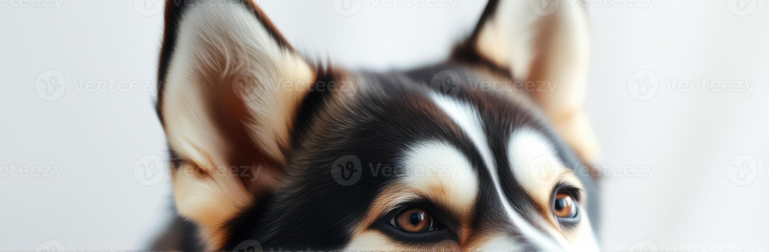 Playful corgi puppy peeks over a surface with alert expression and bright eyes in a cozy indoor setting photo