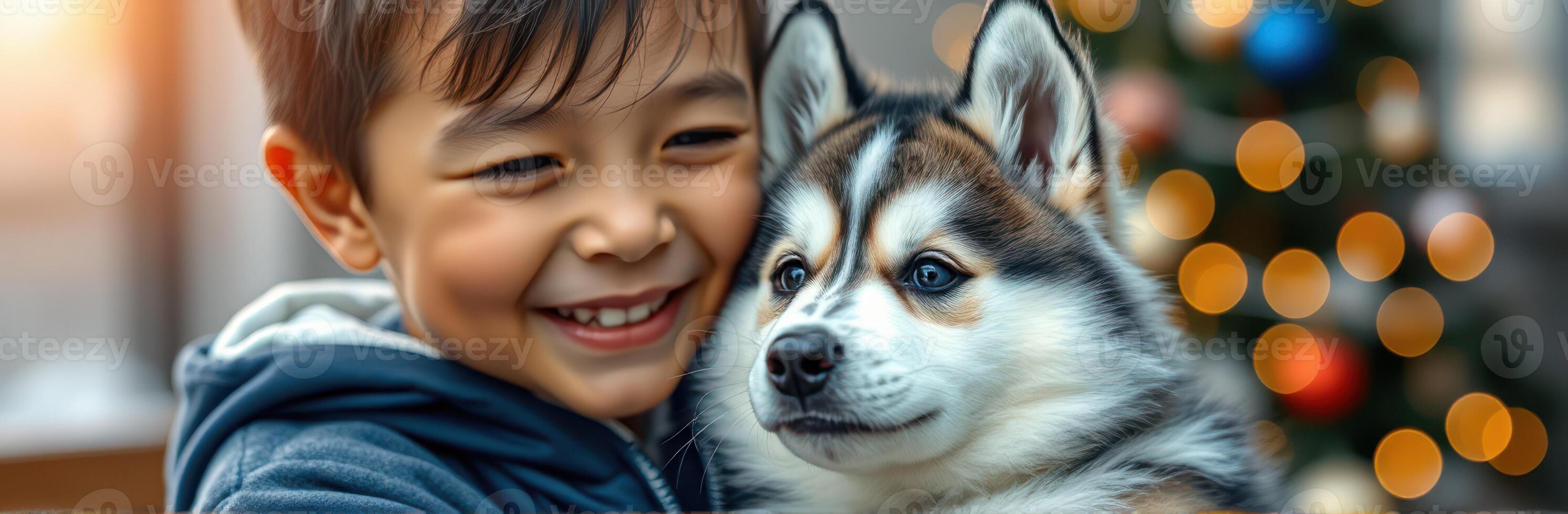 Child joyfully embraces a husky puppy, capturing a heartfelt moment near a decorated Christmas tree photo