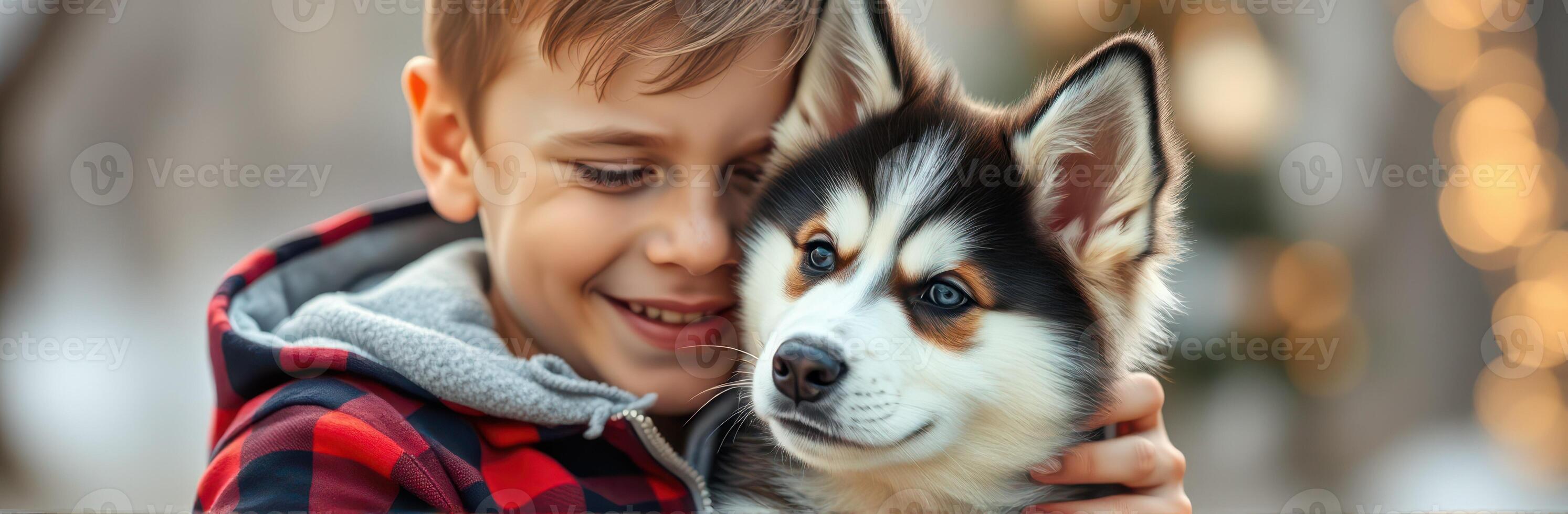 Joyful boy embraces playful husky puppy in a cheerful outdoor setting during a sunny afternoon photo