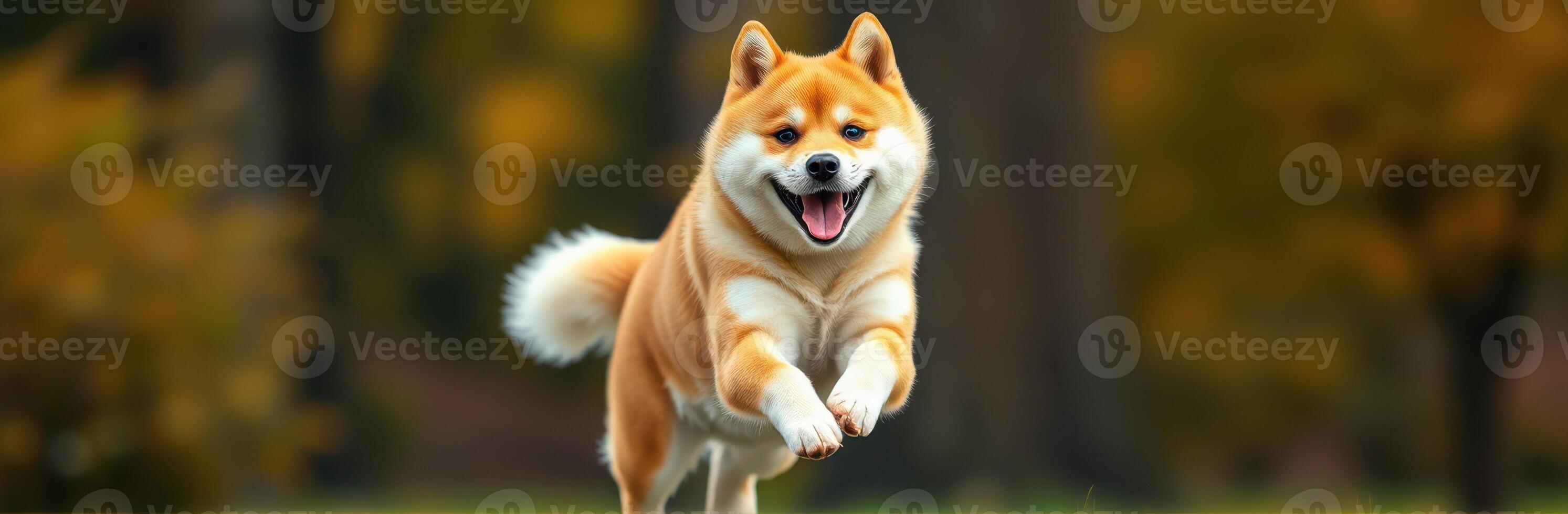 Shiba Inu joyfully running through a vibrant autumn park photo