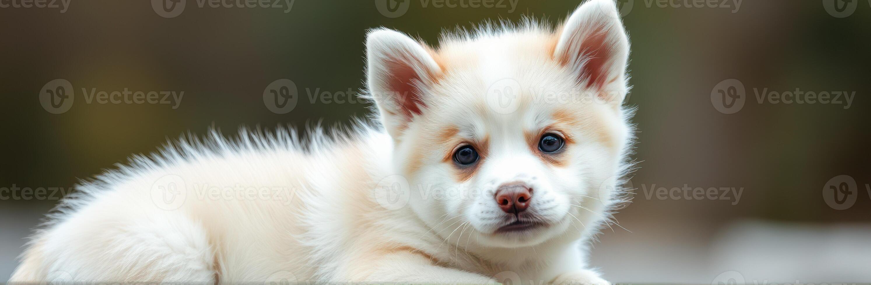 Cute white and tan puppy lying down outdoors on a sunny day in a serene environment photo