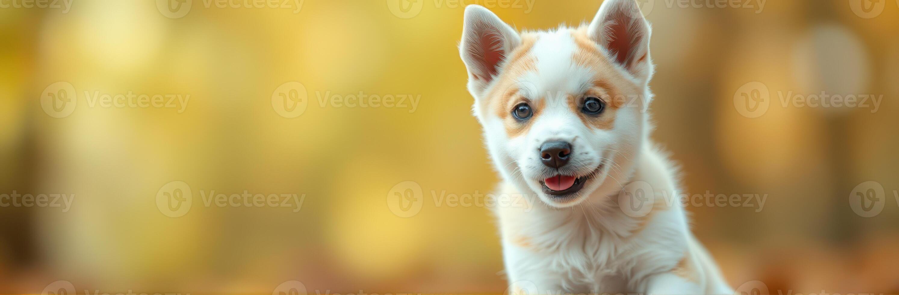 Cute puppy playing in a vibrant autumn forest filled with colorful leaves and soft sunlight, showcasing its playful personality in the moment photo