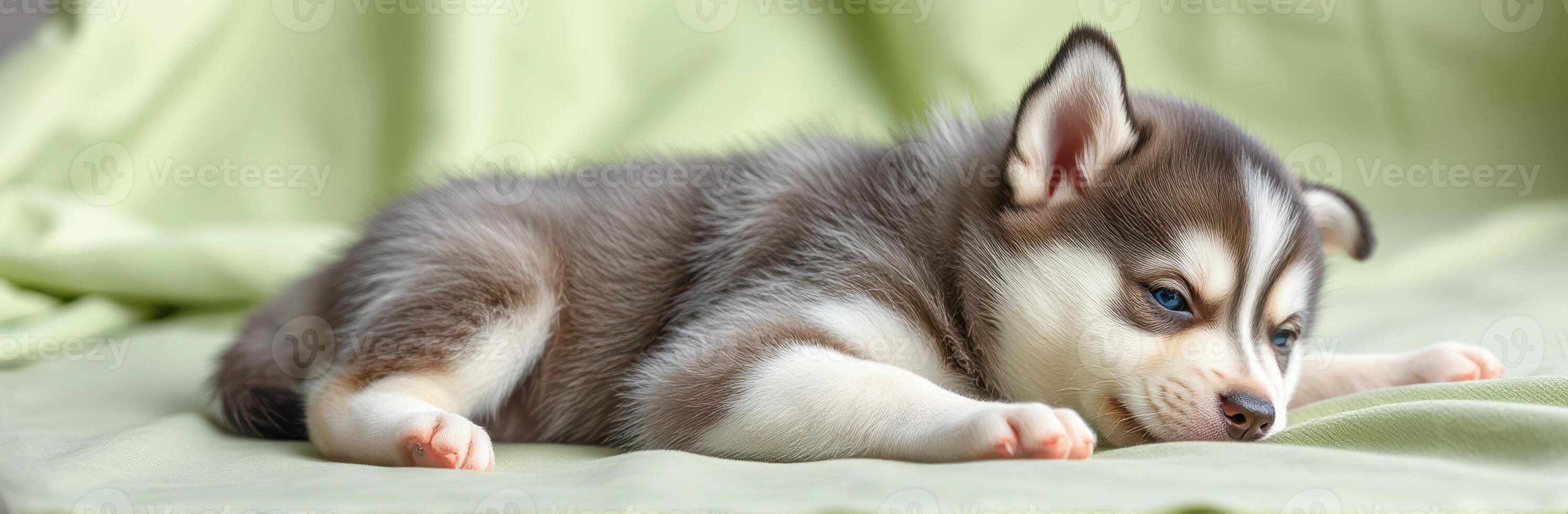 Cute husky puppy relaxing on a soft green blanket in a cozy indoor setting photo