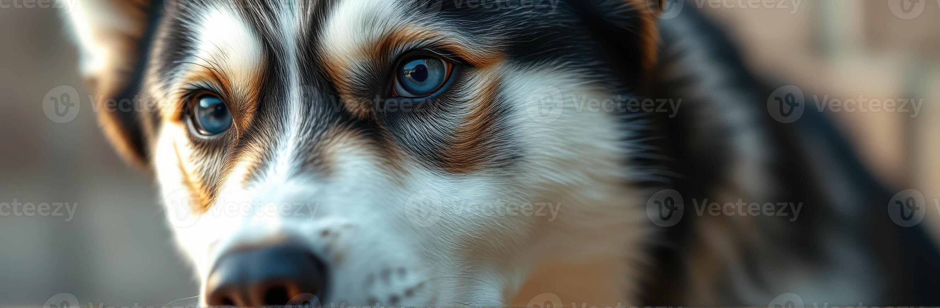 Husky puppy with striking blue eyes in close-up during sunny afternoon outdoors in a garden setting photo