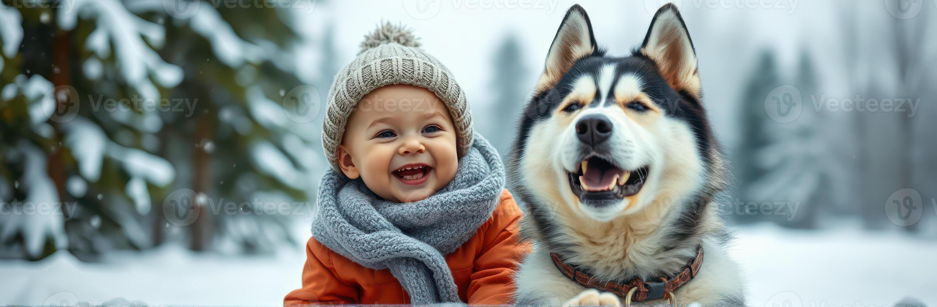 Smiling child and husky dog enjoying snowy winter day in a forest setting photo