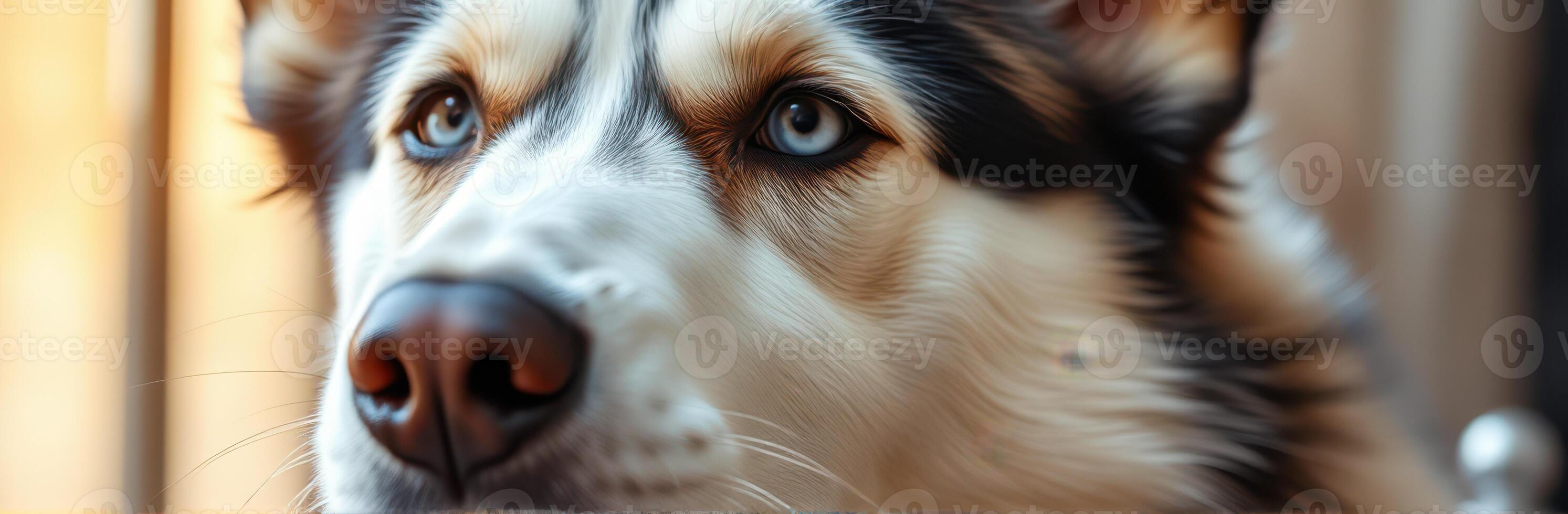 Beautiful husky with striking blue eyes gazes thoughtfully in a cozy indoor setting during the afternoon photo