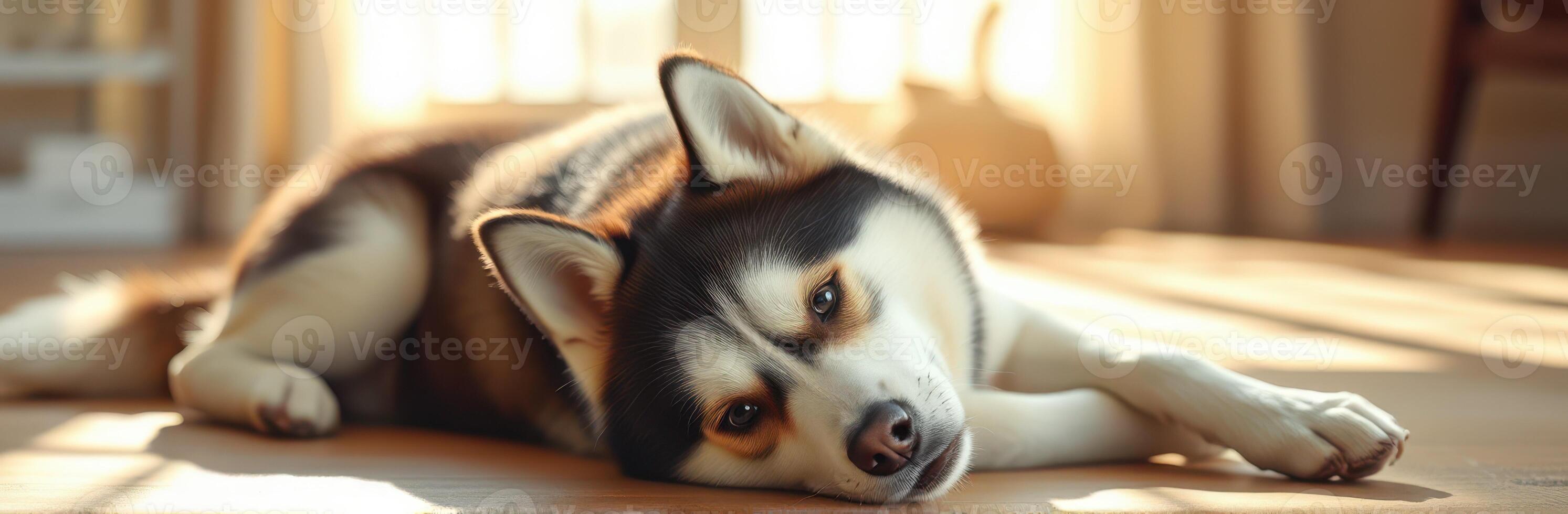 Relaxed husky dog resting peacefully on the warm floor while sunlight streams through the window photo