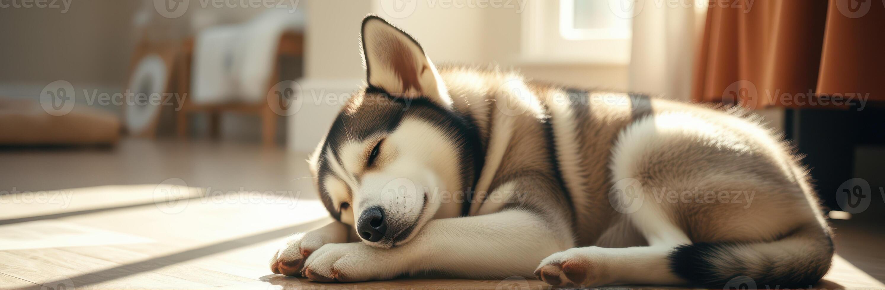 Sleeping dog enjoys warm sunlight in cozy indoor setting during afternoon hours photo