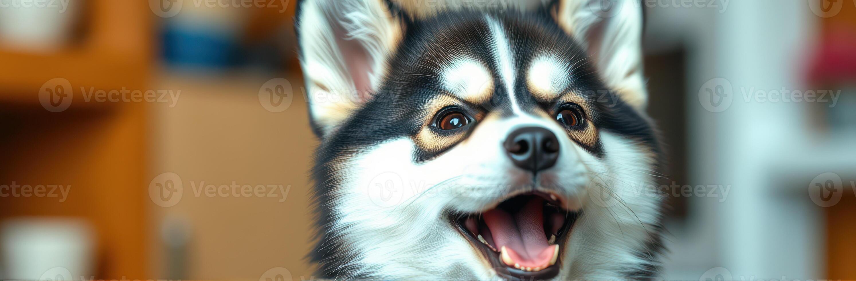 Happy dog playing indoors with bright expression and curious gaze, showcasing delight and energy in a cozy environment photo