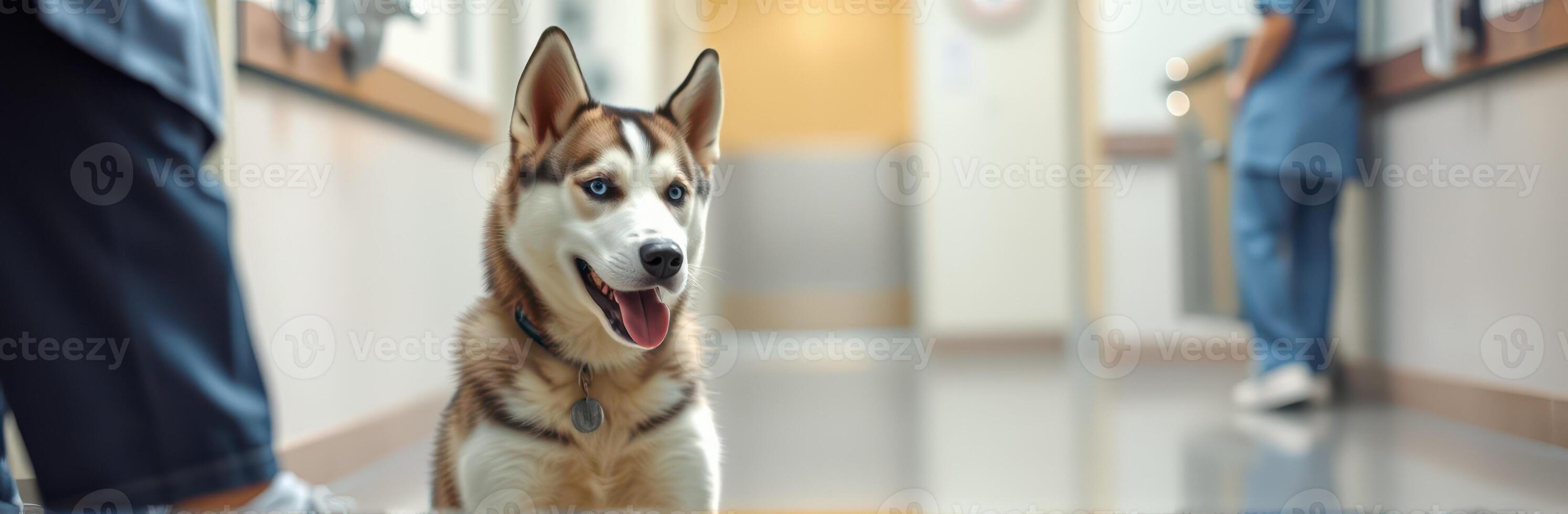 Husky dog explores a veterinary clinic corridor during a routine check-up in the afternoon photo