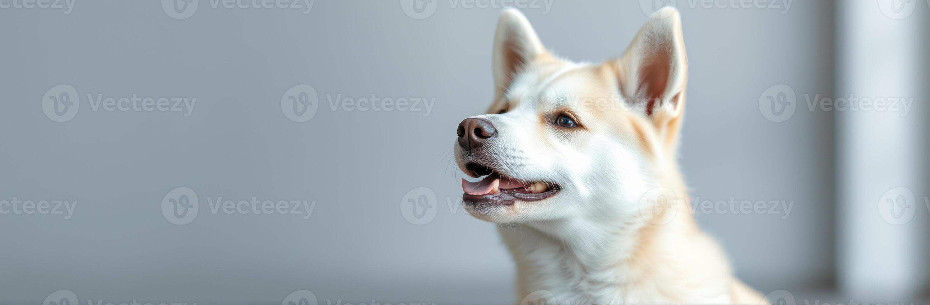 Friendly dog with light fur sitting indoors, showcasing an alert and cheerful expression during a bright day photo