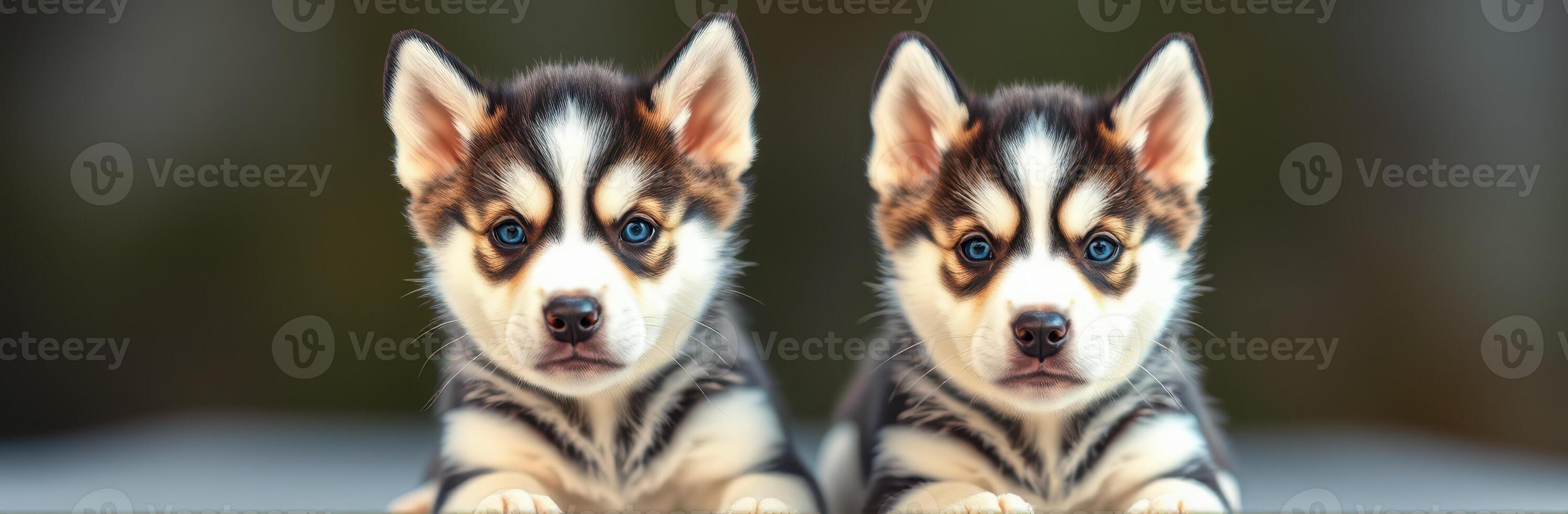 Two adorable husky puppies sitting side by side on a smooth surface in a soft outdoor light photo