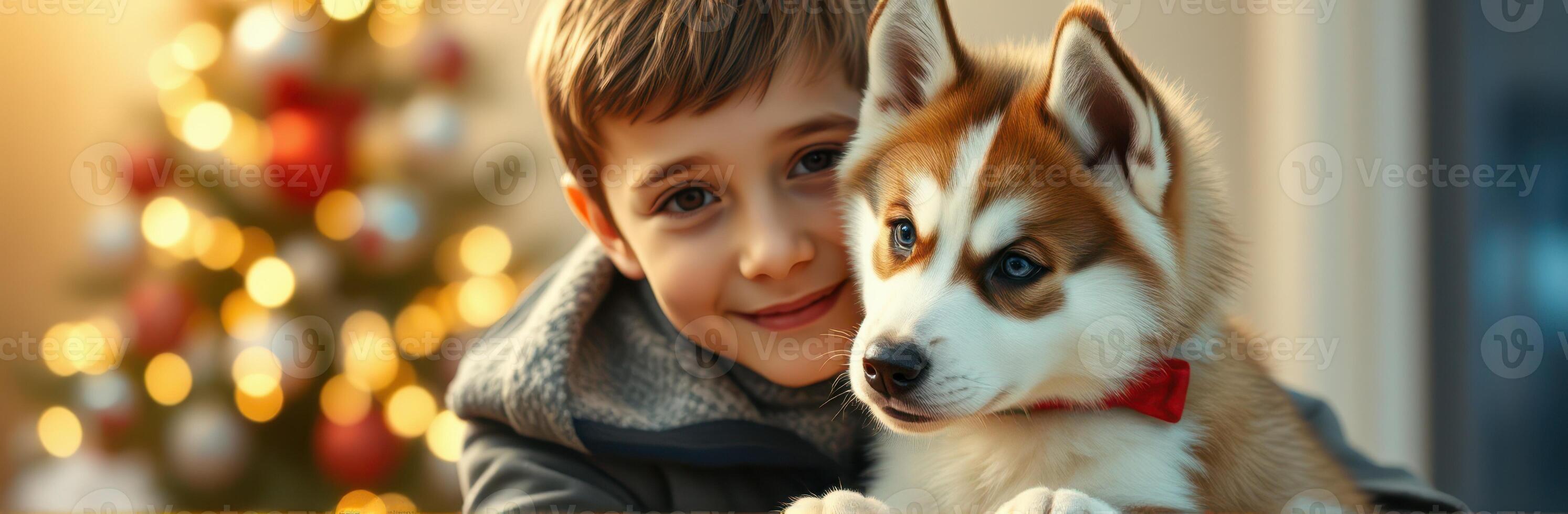 Young boy smiling with a puppy at home during the holiday season by the decorated Christmas tree photo