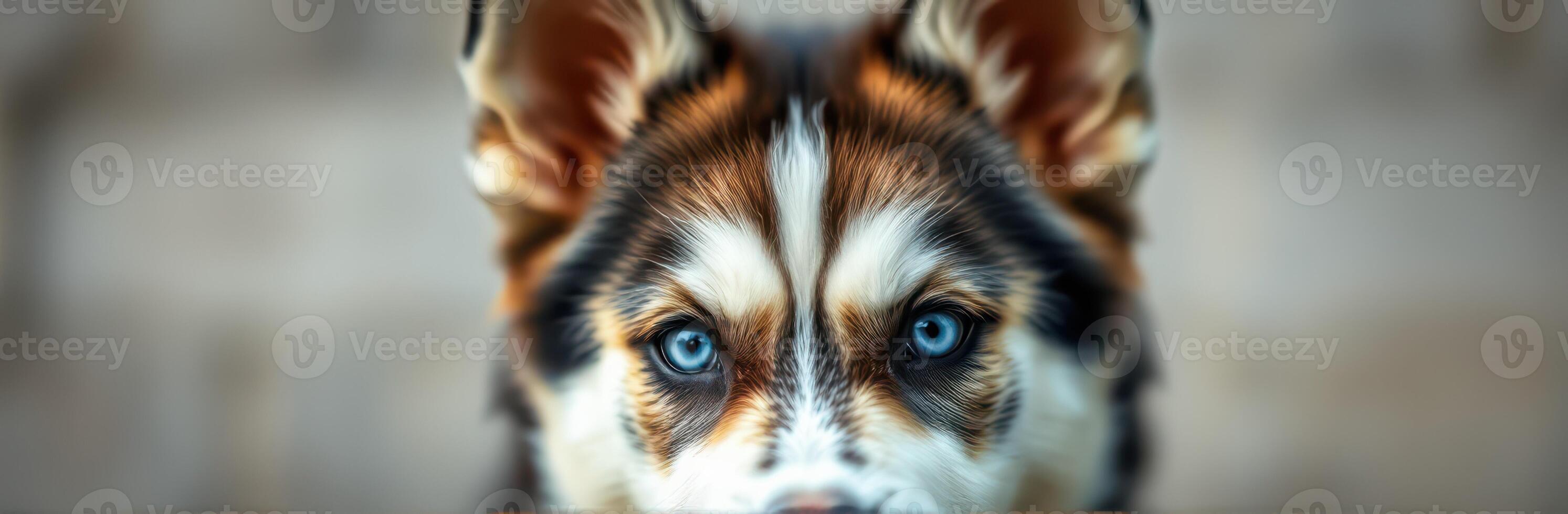 Beautiful brown and white puppy with striking blue eyes looking directly at the camera in a blurred background photo