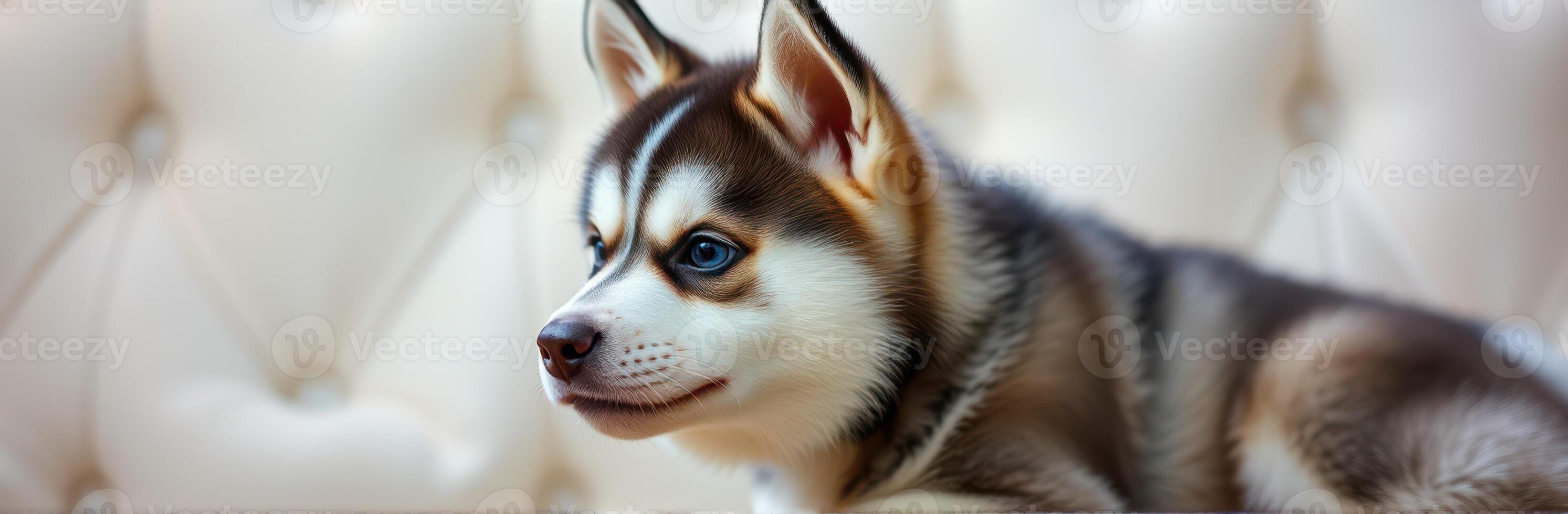 Cute husky puppy resting on a stylish cream-colored sofa in a cozy indoor setting during daylight photo