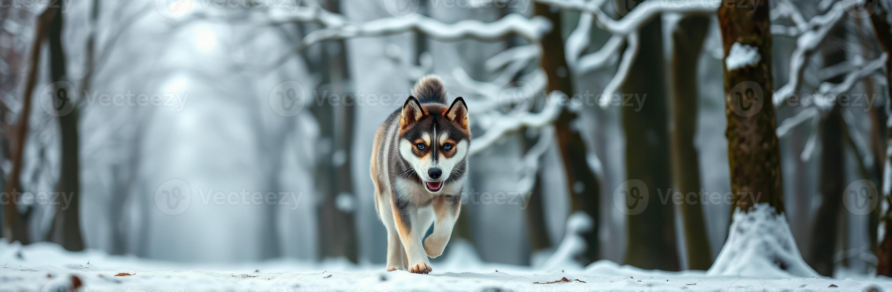 Snowy forest walk with a playful dog enjoying the winter landscape in a calm atmosphere photo