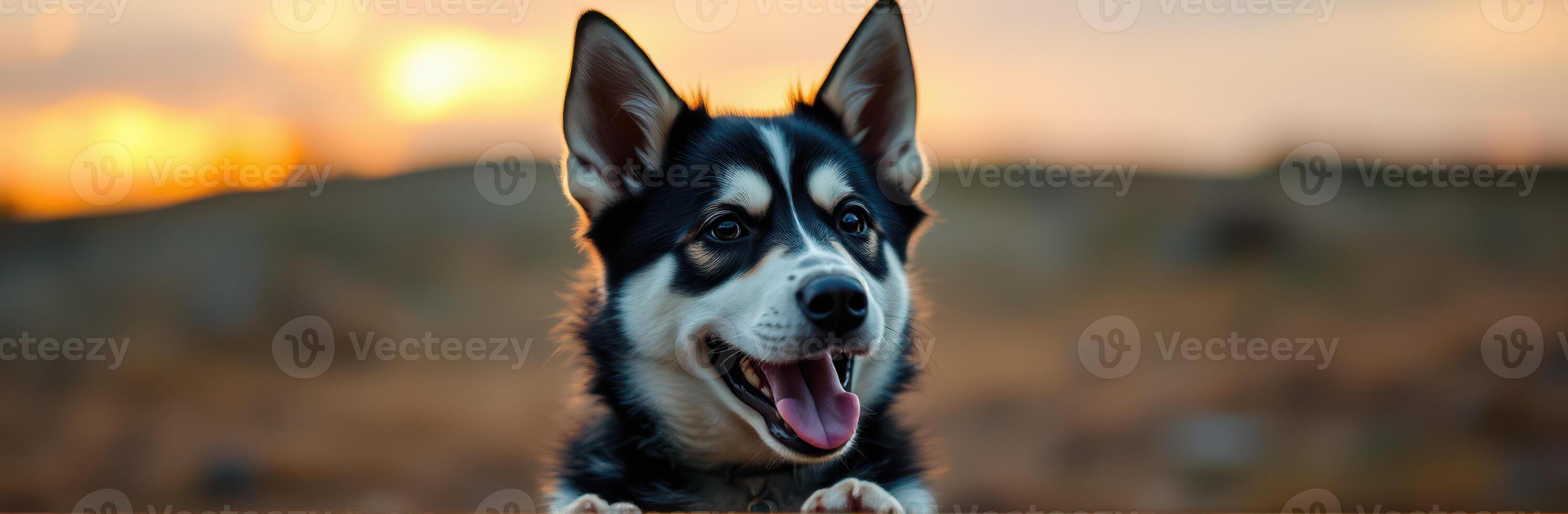 Happy dog enjoying sunset at a park while posing playfully in the golden light photo