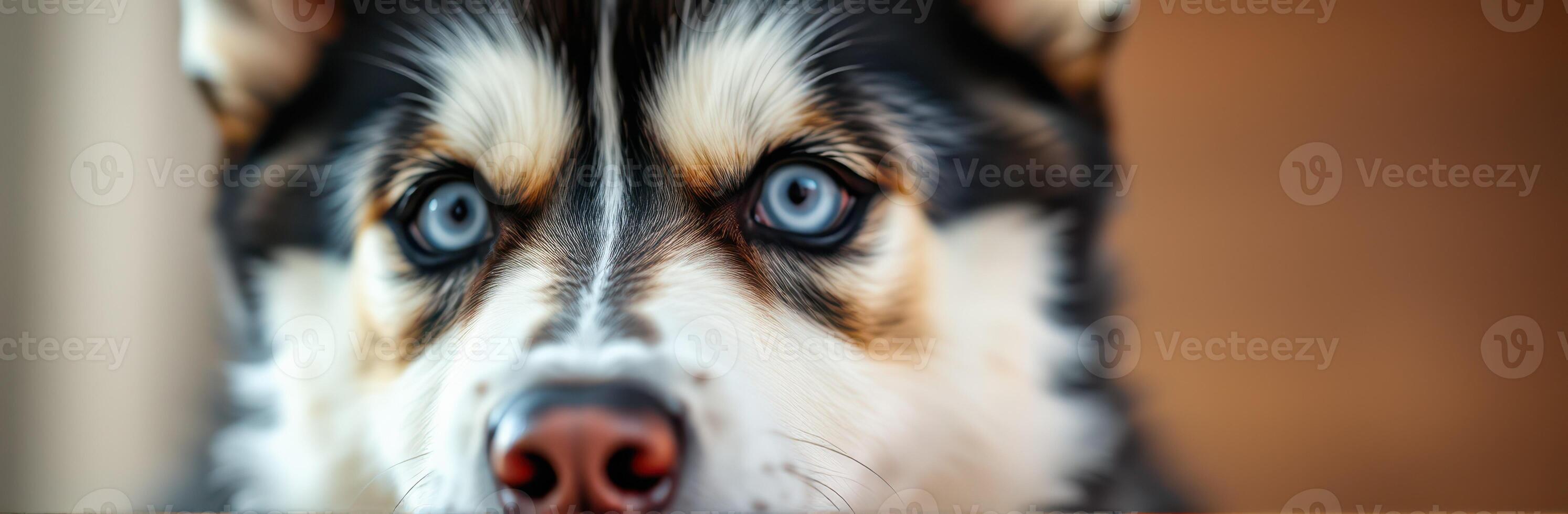 Beautiful husky with striking blue eyes sitting indoors, showcasing furry features and attentive expression during a cozy afternoon photo