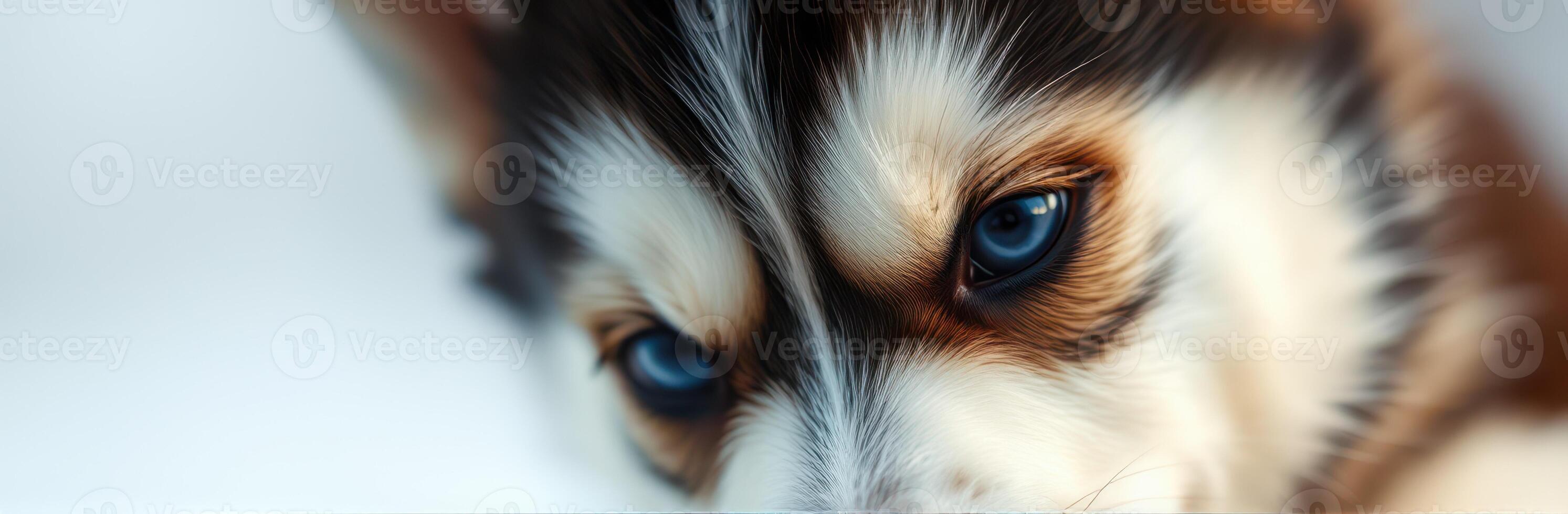 Close-up of a husky puppy with striking blue eyes exploring its environment in a bright indoor setting photo