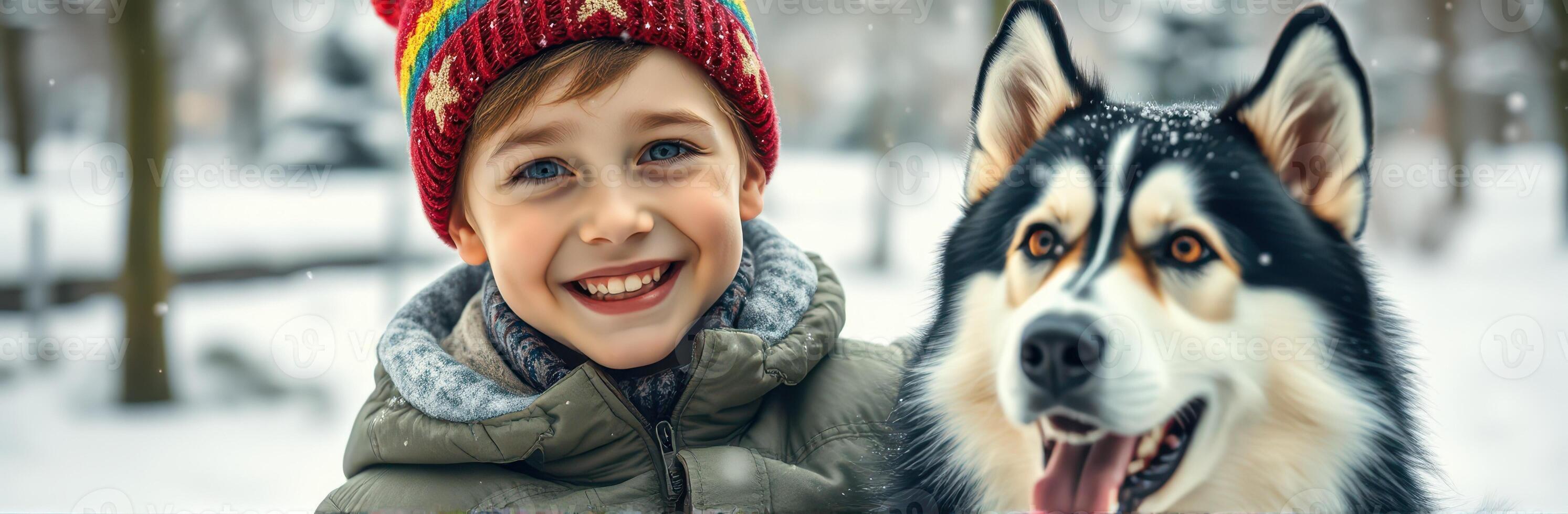 Smiling boy and husky dog enjoying a snowy day in the park during winter photo