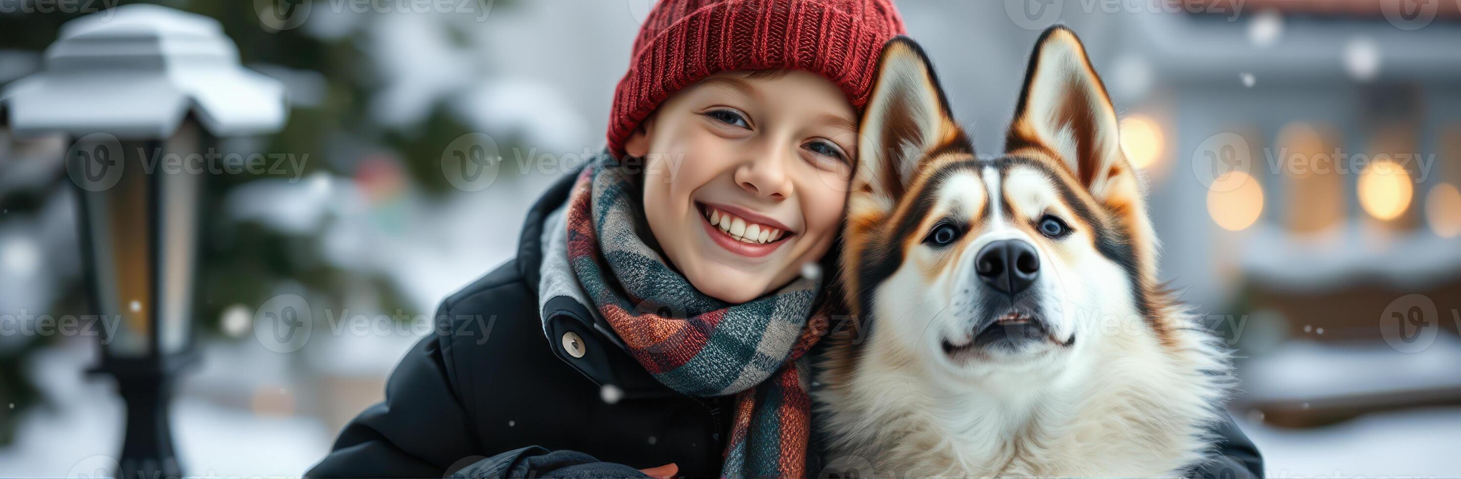 Smiling boy in winter attire poses happily with his dog in a snowy park during a cheerful snowfall photo