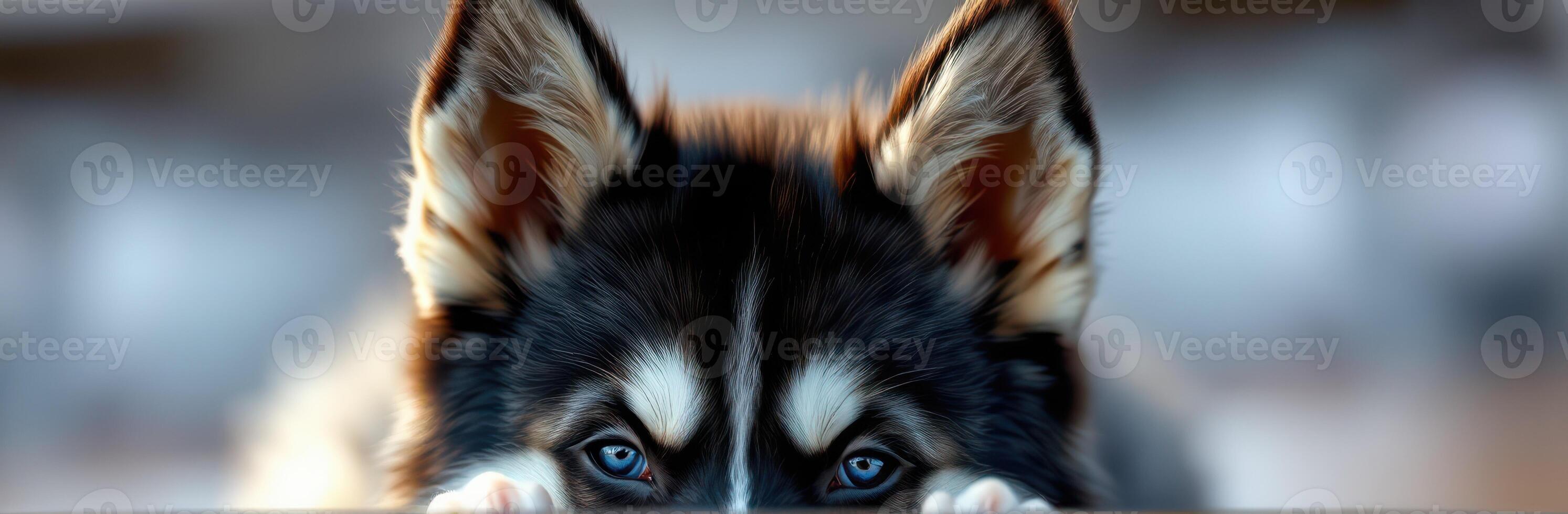 Curious husky puppy peeking over a surface with striking blue eyes at a cozy indoor setting photo