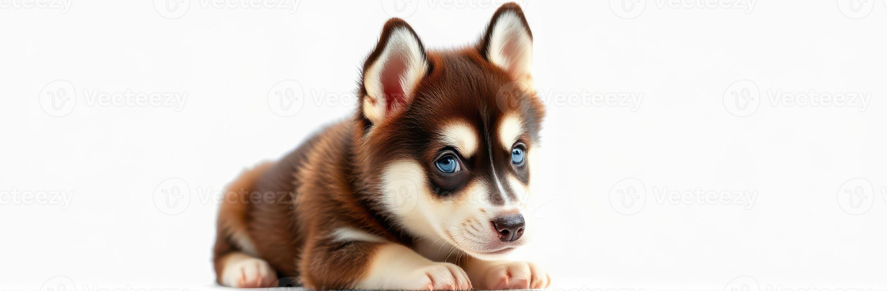 Adorable husky puppy with striking blue eyes resting calmly on a light background during a warm afternoon photo