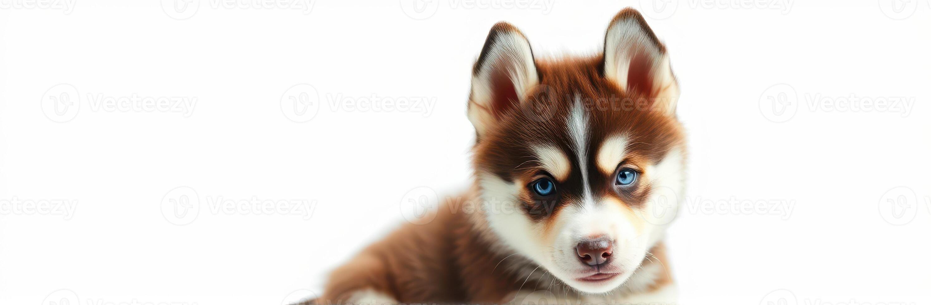 Cute puppy showcasing striking blue eyes and fluffy fur on a plain background during a studio photoshoot photo