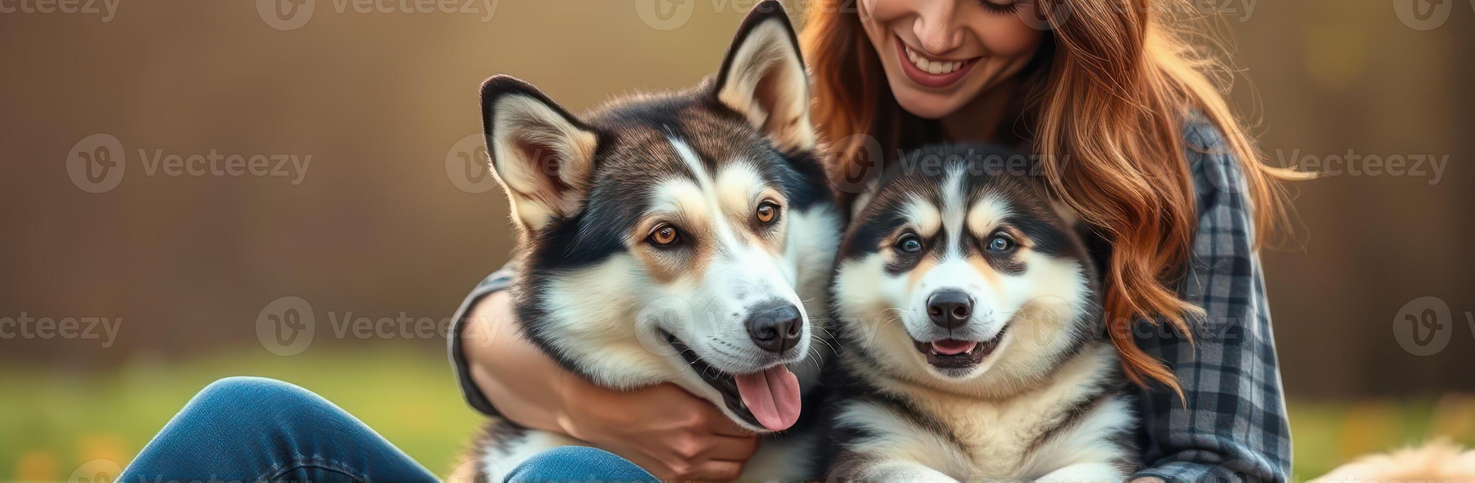 Woman enjoys playtime with two happy huskies in a lush park during golden hour photo