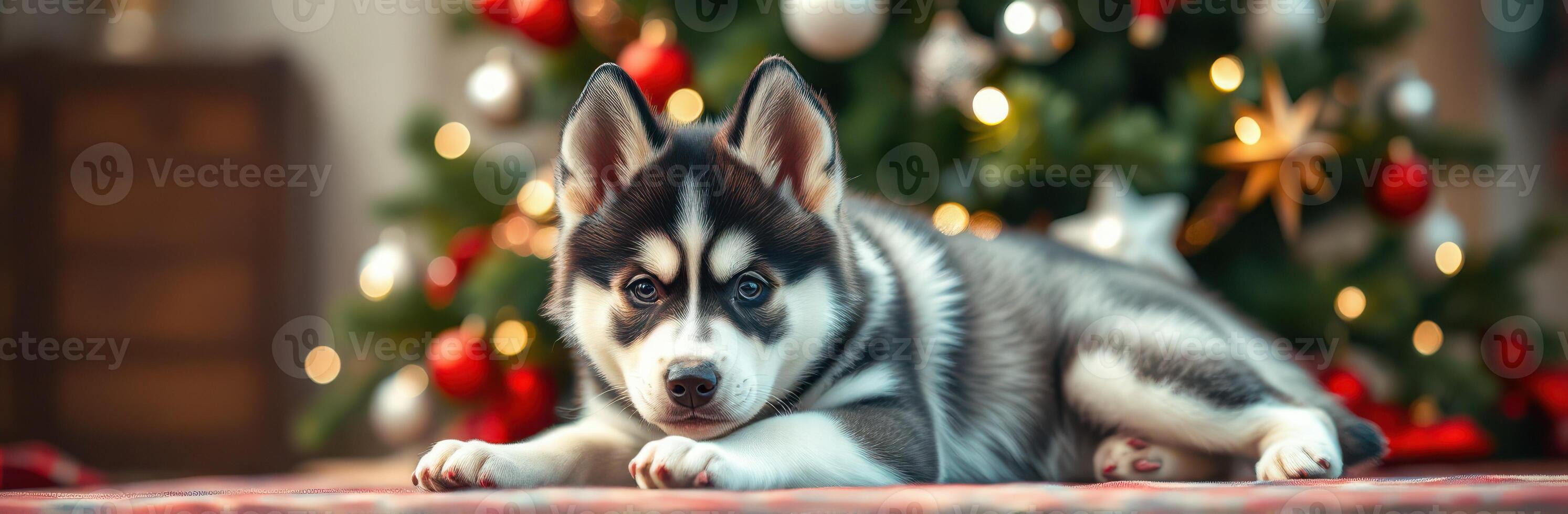 Cute husky puppy relaxing in front of a decorated Christmas tree with colorful ornaments and lights photo