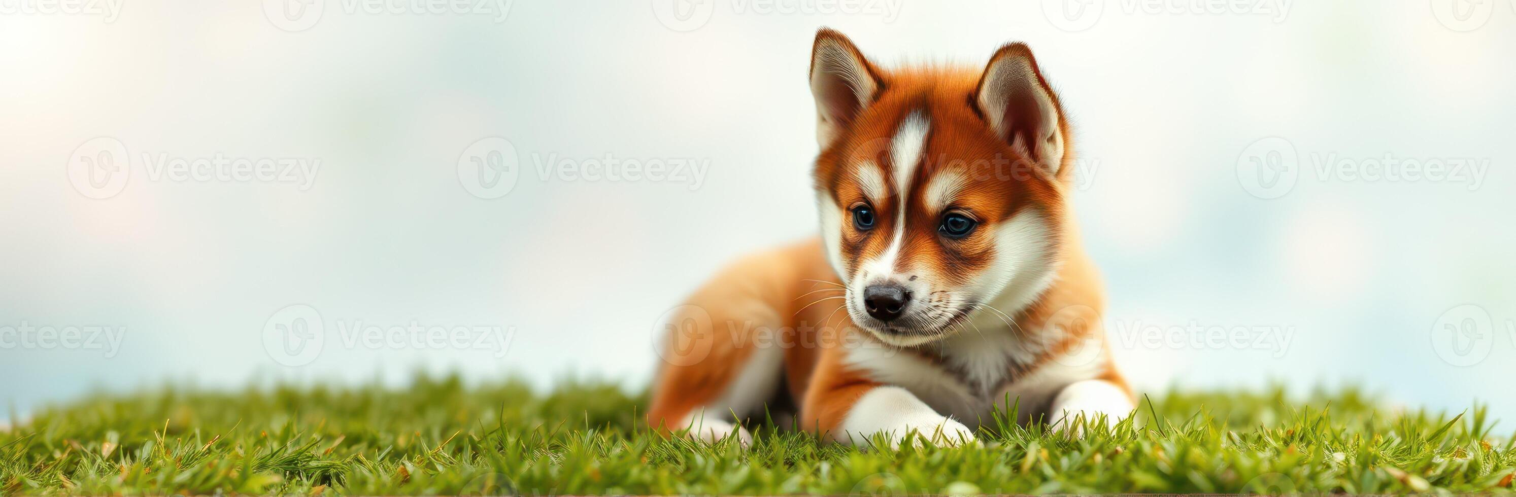 Cute puppy rests on a grassy field under a cloudy sky during a peaceful afternoon photo