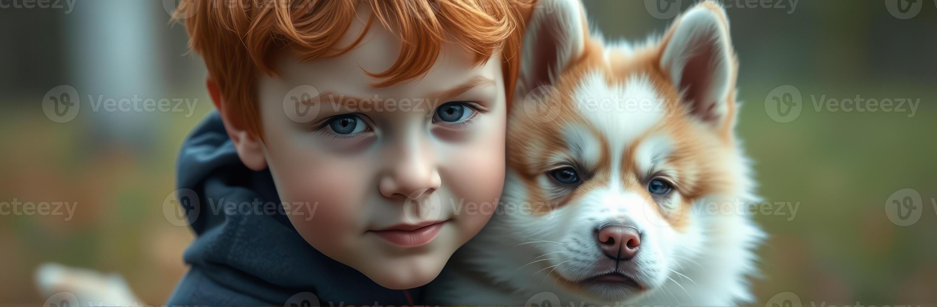Young boy with bright red hair smiling while holding a fluffy puppy in a serene outdoor setting during autumn photo