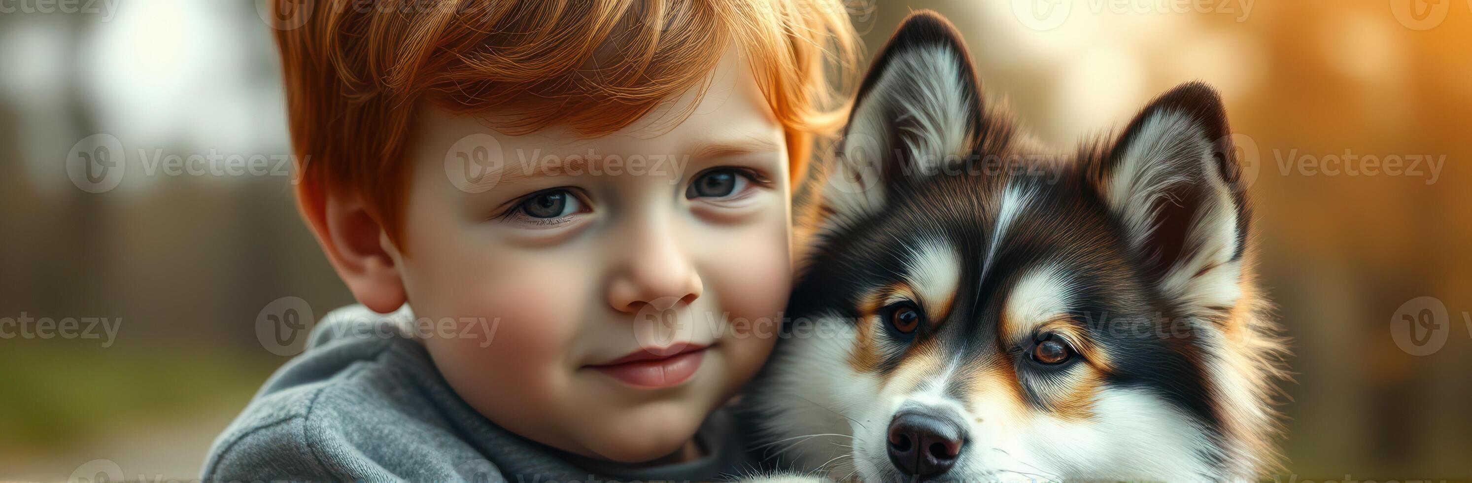 Young boy joyfully shares a moment with his fluffy dog in a golden hour forest setting photo