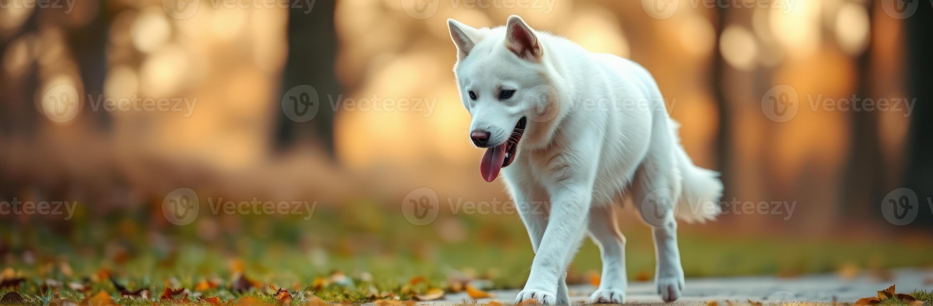 White dog walking on a path in a colorful autumn park with fallen leaves and soft sunlight photo