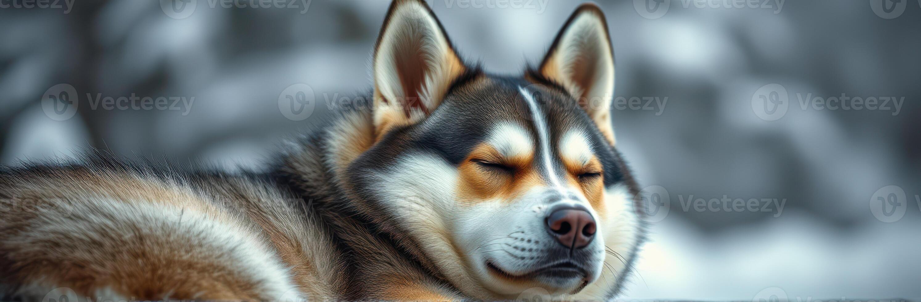 Relaxing husky resting peacefully in a snowy landscape during a cold winter morning photo