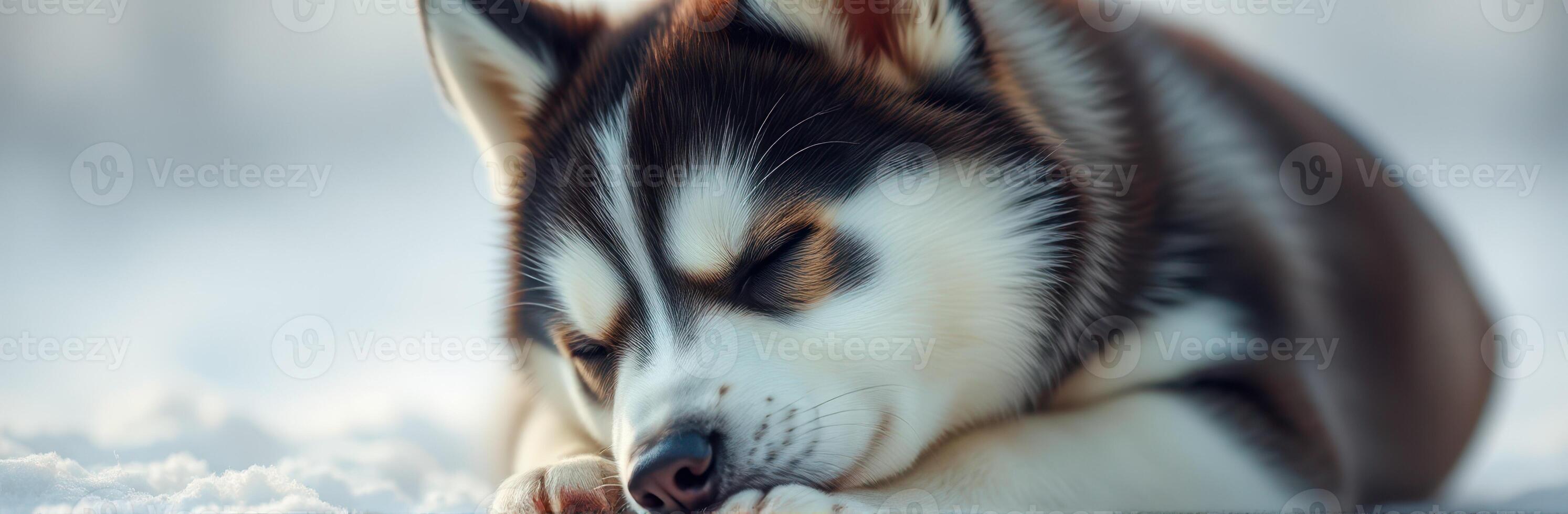 Sleepy husky puppy curled up in soft snow on a bright winter day in a serene snowy landscape photo