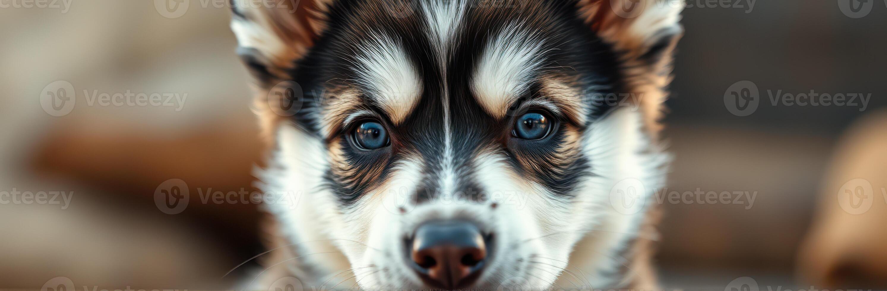 Cute puppy with striking coat and expressive eyes sitting indoors in soft lighting during a calm afternoon photo
