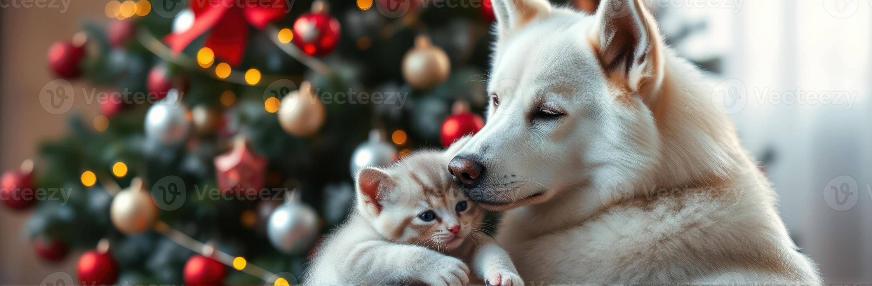 Cute dog and kitten snuggling together near a decorated Christmas tree photo