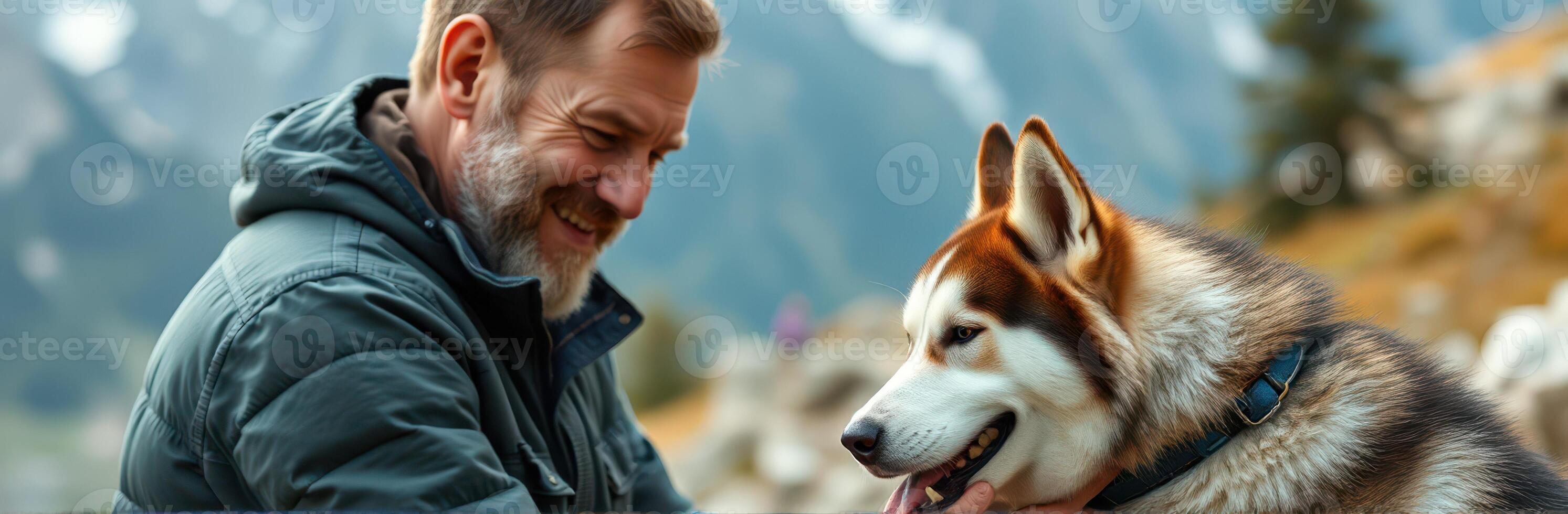 Man enjoys a joyful moment with a friendly dog in a mountainous landscape during a sunny day photo