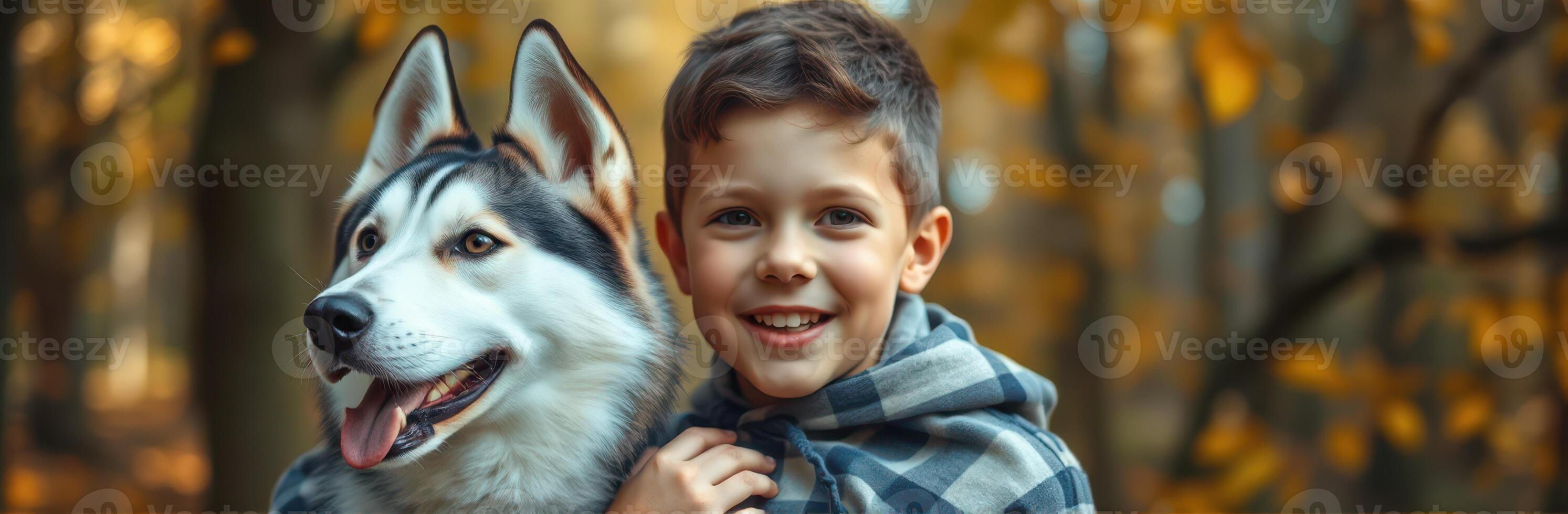 Cheerful boy with a husky dog in a forest during autumn season photo