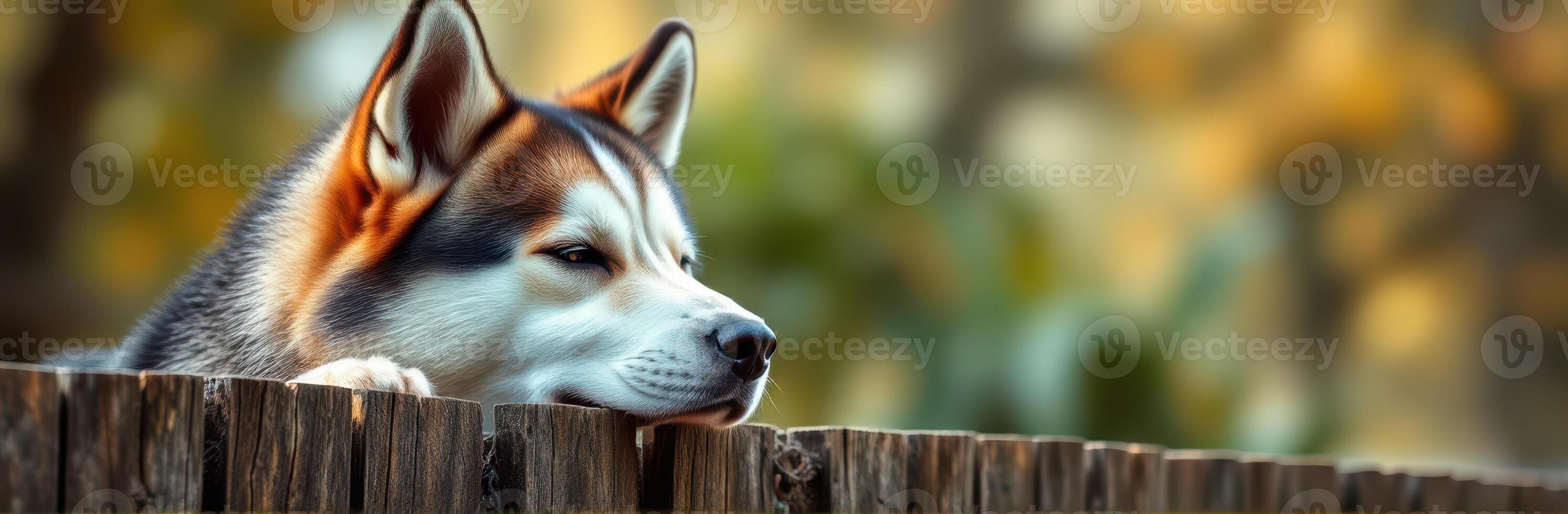 Majestic Siberian Husky relaxing on a wooden fence in a serene autumn setting photo
