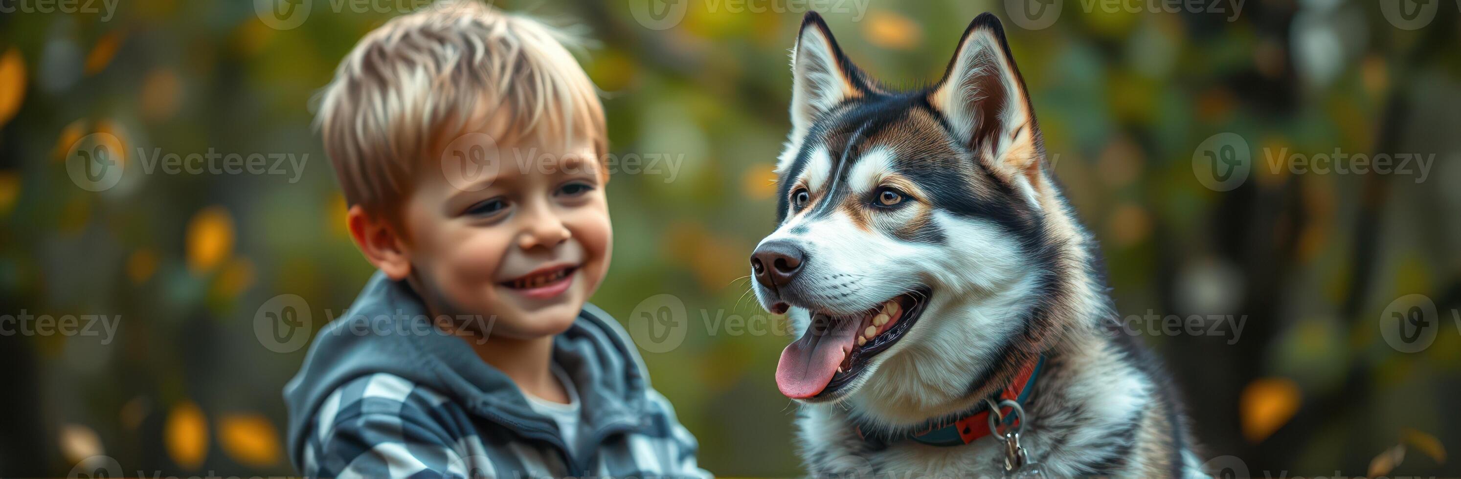Child enjoys playful moment with friendly husky in a vibrant forest during autumn afternoon photo