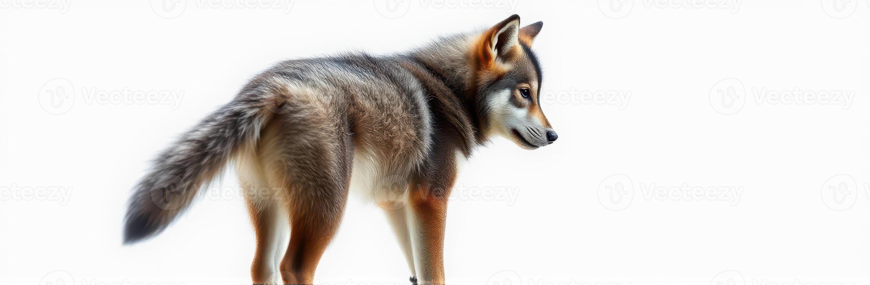 Wolf standing gracefully in a neutral setting, showcasing its sleek fur and attentive posture photo