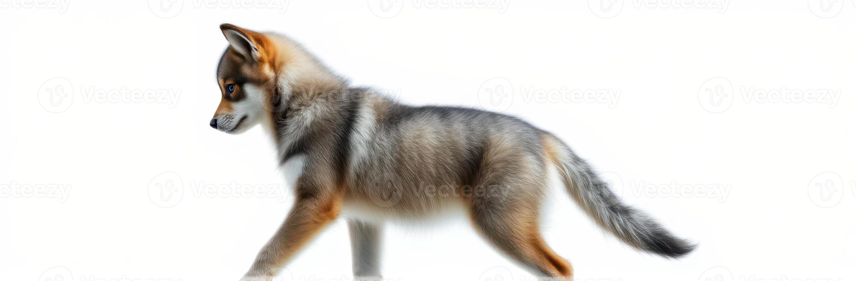 Young fox walking gracefully through a bright, open space in the afternoon light photo