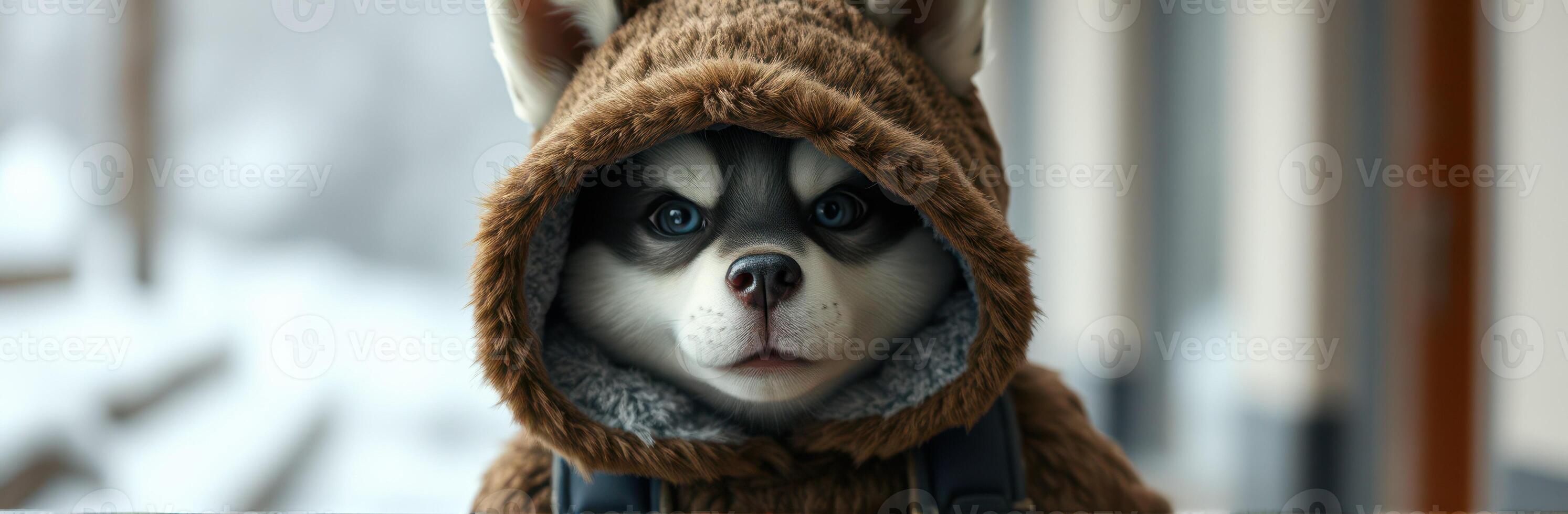 Cute dog wearing a brown hoodie with a serious expression in a cozy indoor setting during winter photo