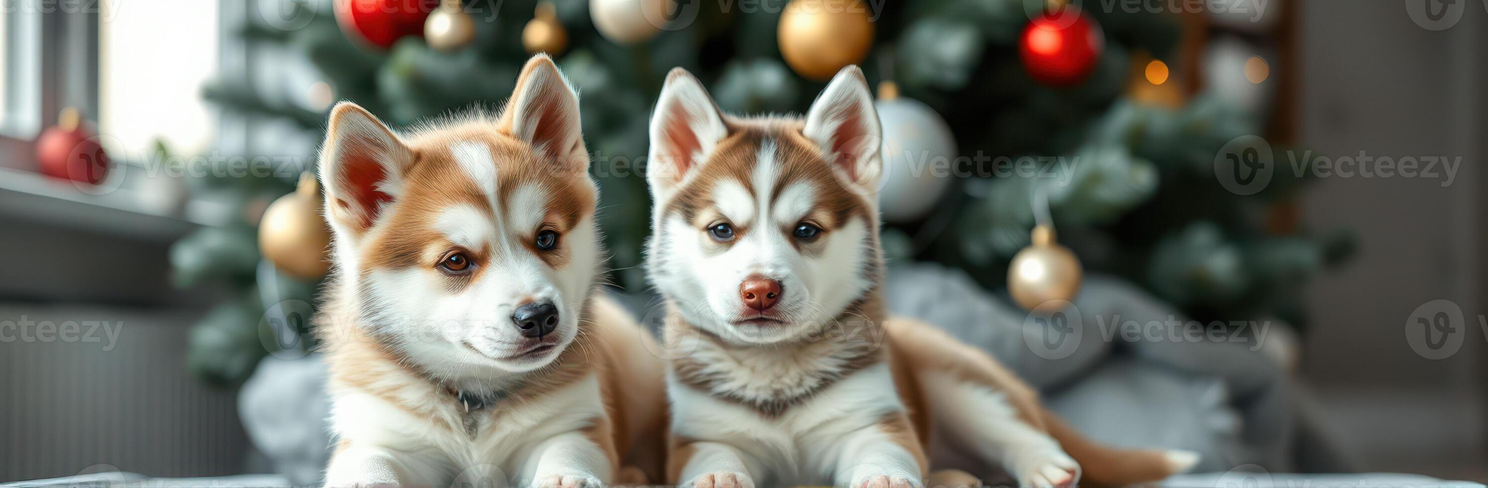 Cute puppies near a decorated Christmas tree in a cozy indoor setting during the holiday season photo