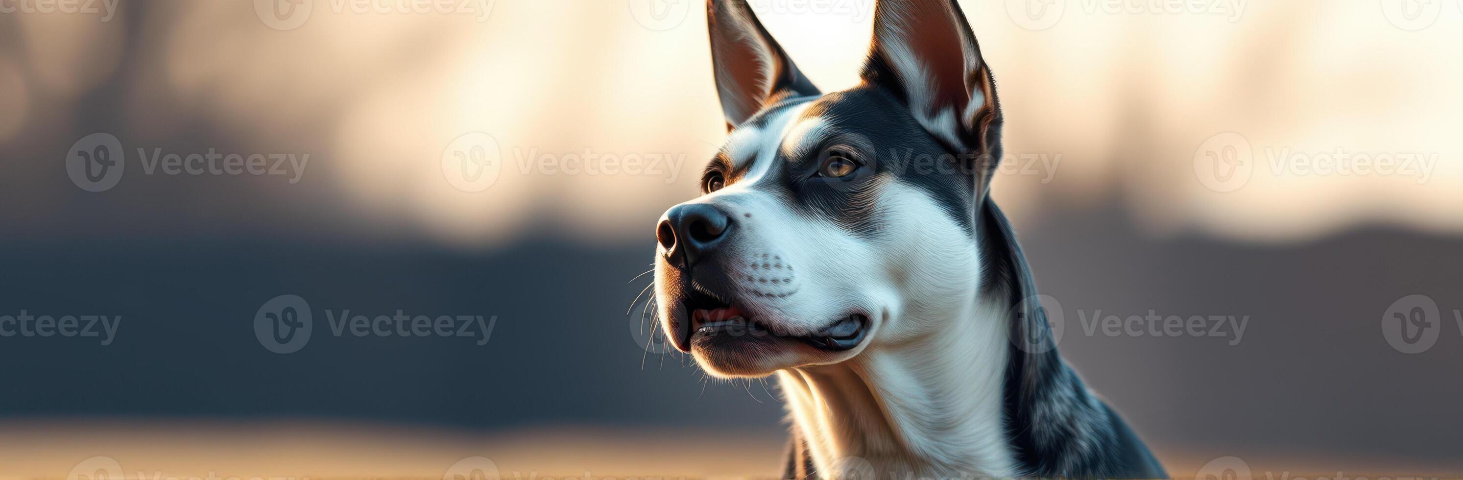 Beautiful dog standing proudly in a field during golden hour with sunlight shining through the trees photo