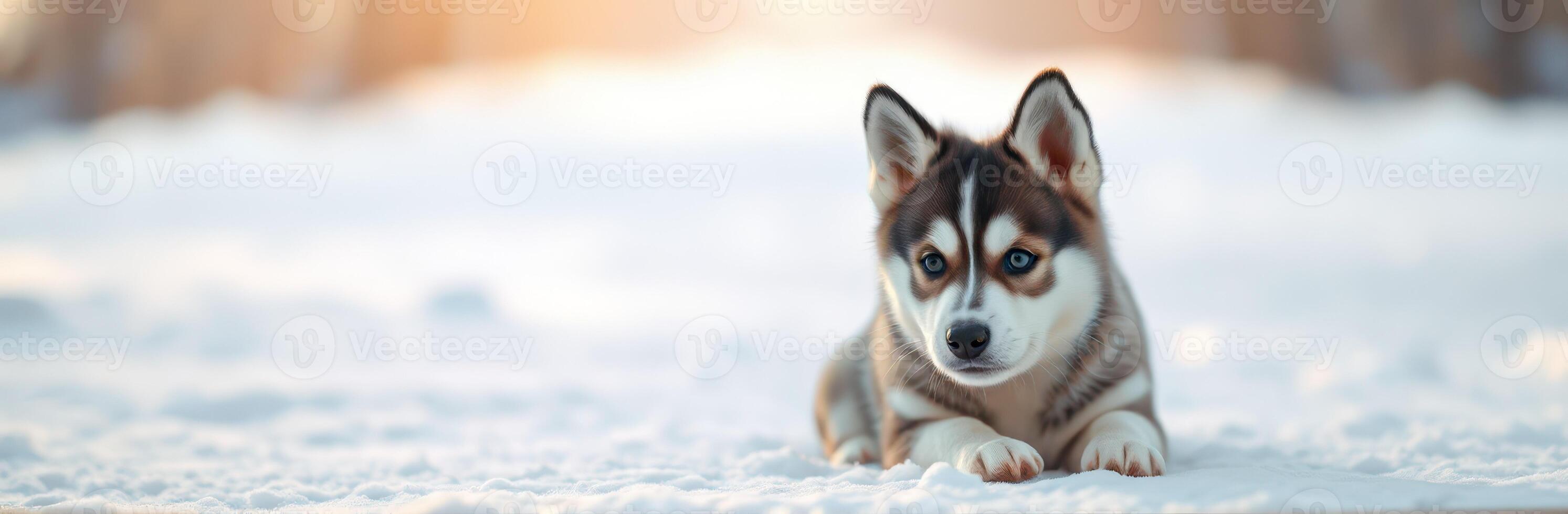 Beautiful husky puppy resting on the snow during a calm winter afternoon in a serene landscape photo