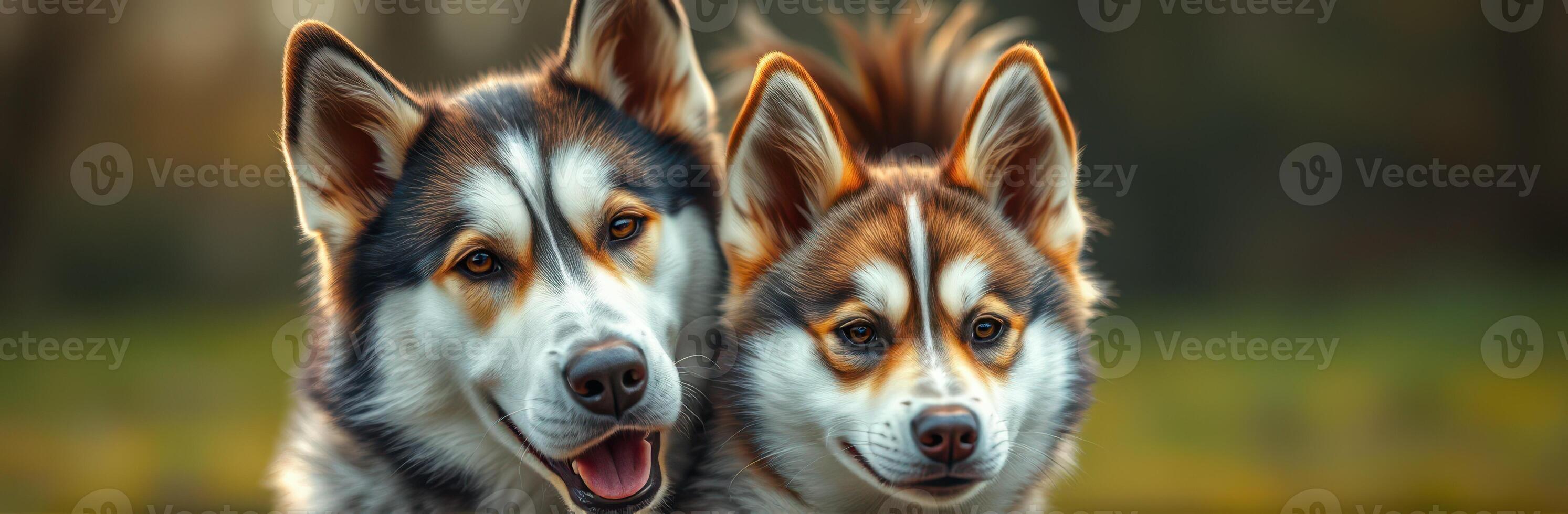Two happy dogs posing together in a natural setting during golden hour photo